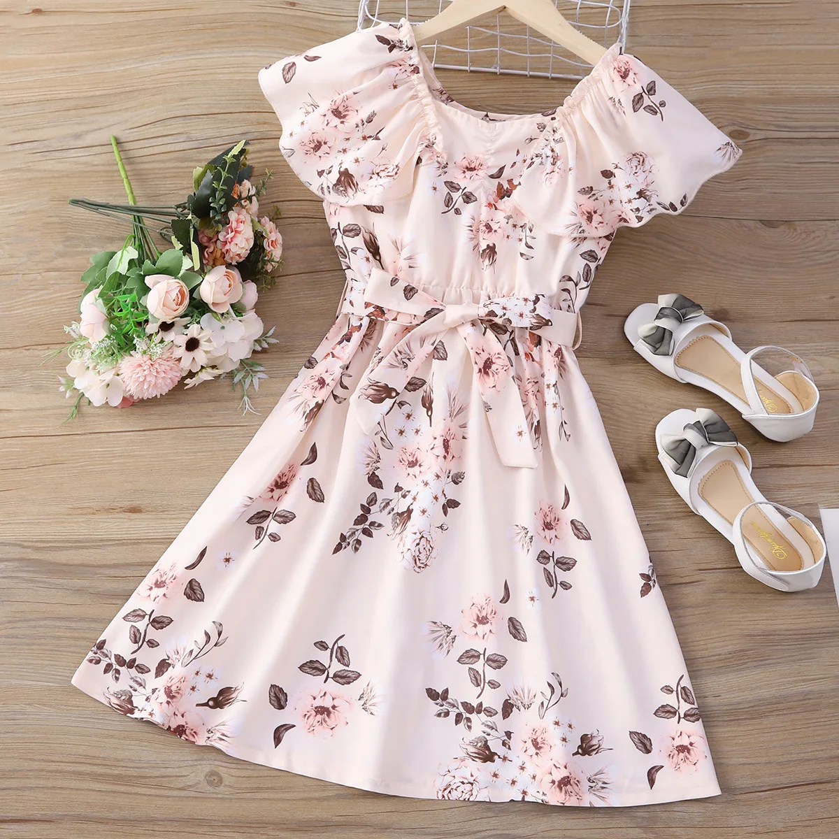 

Amazon Cross-border Special Middle and Big Children's Sleeveless Floral Belted Long Dress