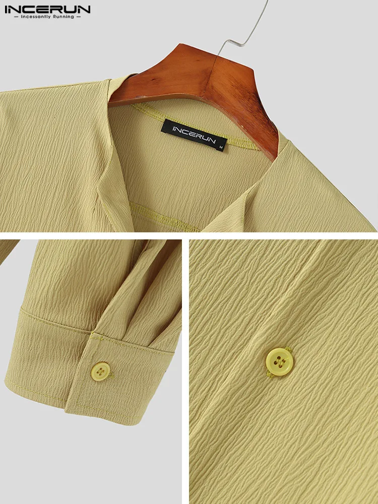 Korean Style New Men's Wrinkled Textured V-neck Blouse Casual Streetwear Male Long-sleeved Button Shirts S-5XL INCERUN Tops 2022
