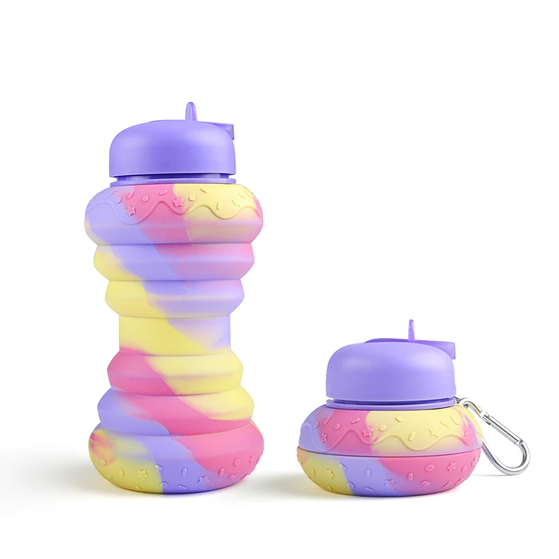 

600ML Donuts Water Bottle Folding Cup Drop-proof Water Kettle Botella Children's Sports Silicone Water Cup for School Riding Gym