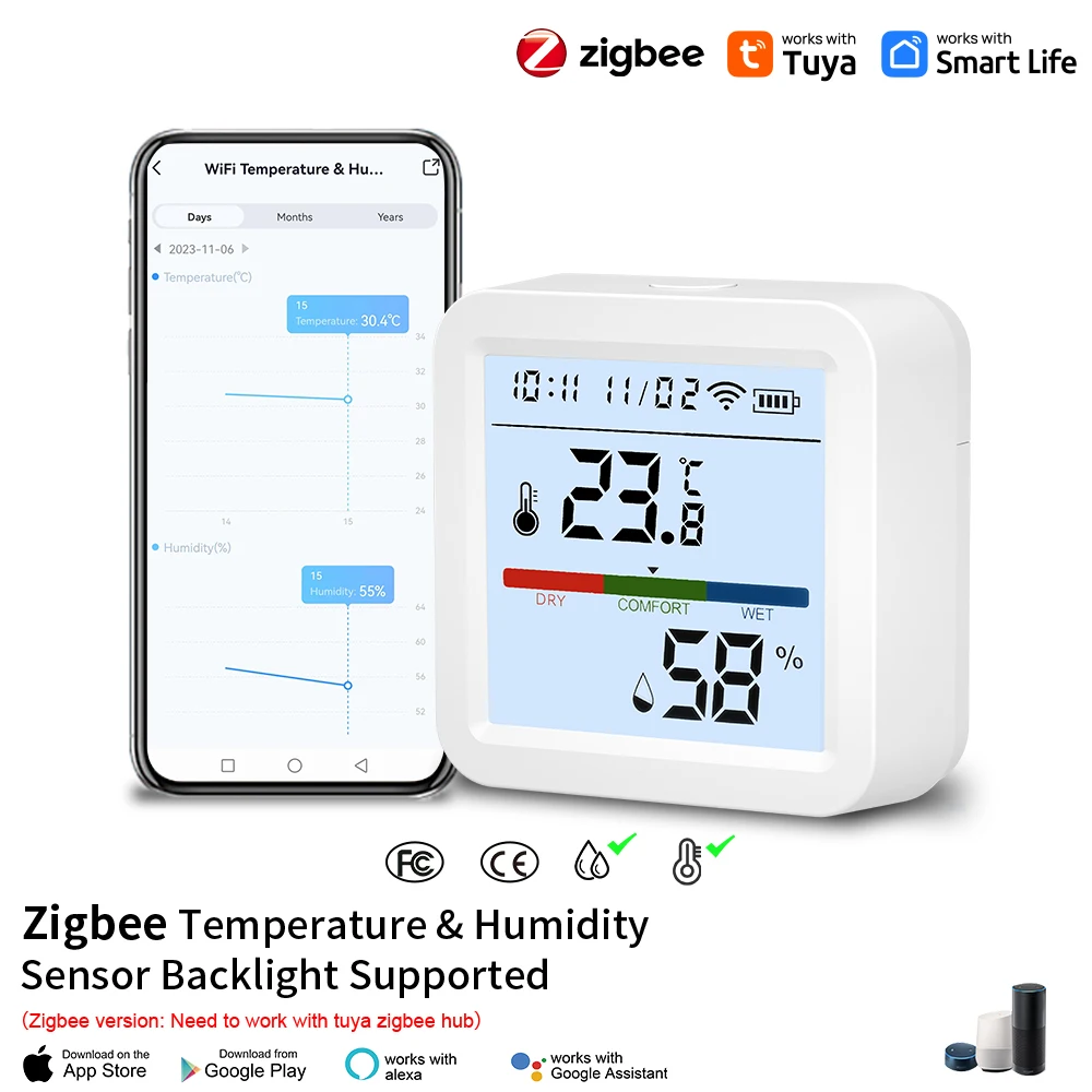 Датчик температуры и влажности Tuya ZigBee для умного дома с сенсорным ...