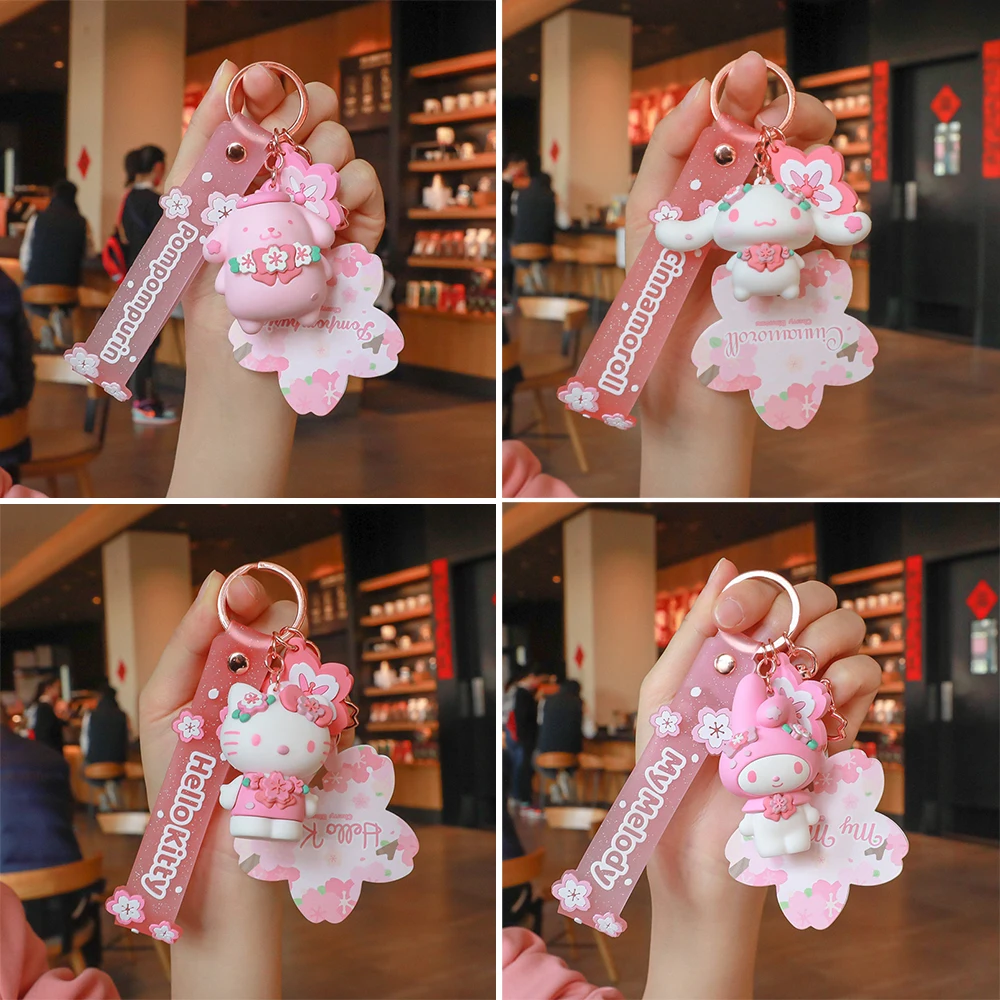 

Брелки для ключей Kuromi Kittys My Melody Cinnamoroll Purin, аниме модель, милые Мультяшные куклы с цветком вишни, креативные подарки