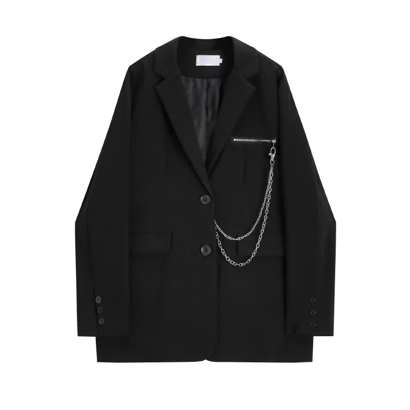 

Chain Decoration White Suit Jacket Spring Autumn Women Casual Notched Collar Long Sleeve Blazers Coat Female Black White Outwear