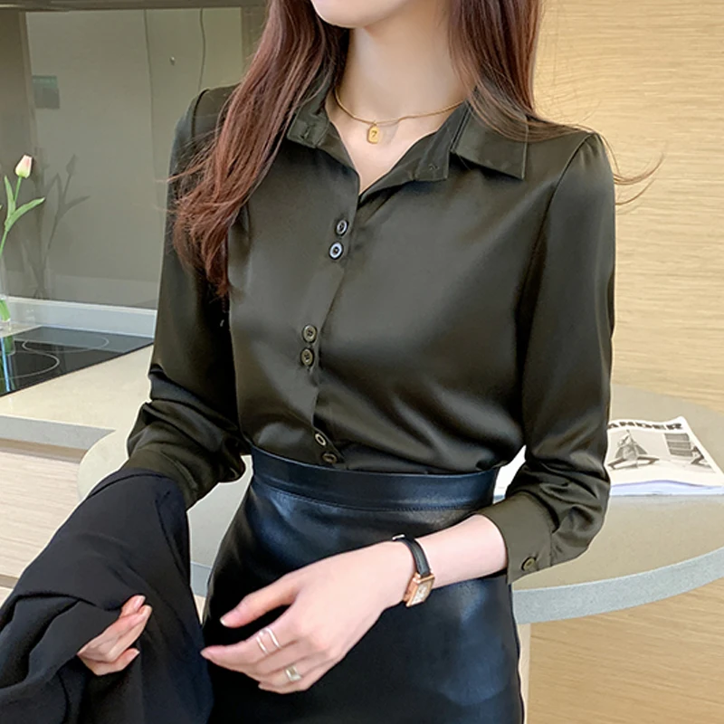 Women's Silk Shirts V-neck Solid Ladies' Tops Women 2021 Fashion Satin Long Sleeve Blouses Button Up White OL Vintage 17278 - купить