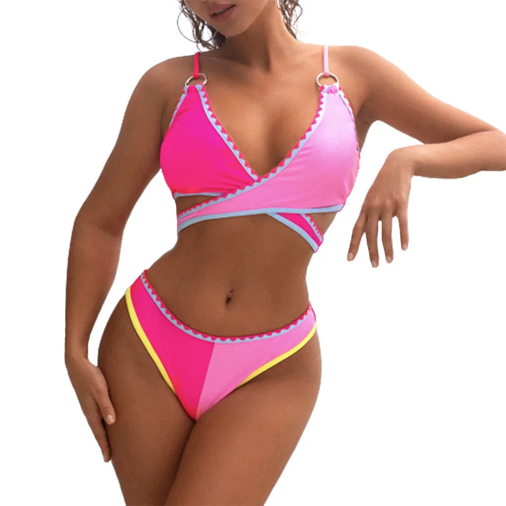

Женский раздельный купальник FS, розовый комплект бикини с глубоким V-образным вырезом, вышивкой и лямкой на шее, купальный костюм в стиле пэч...