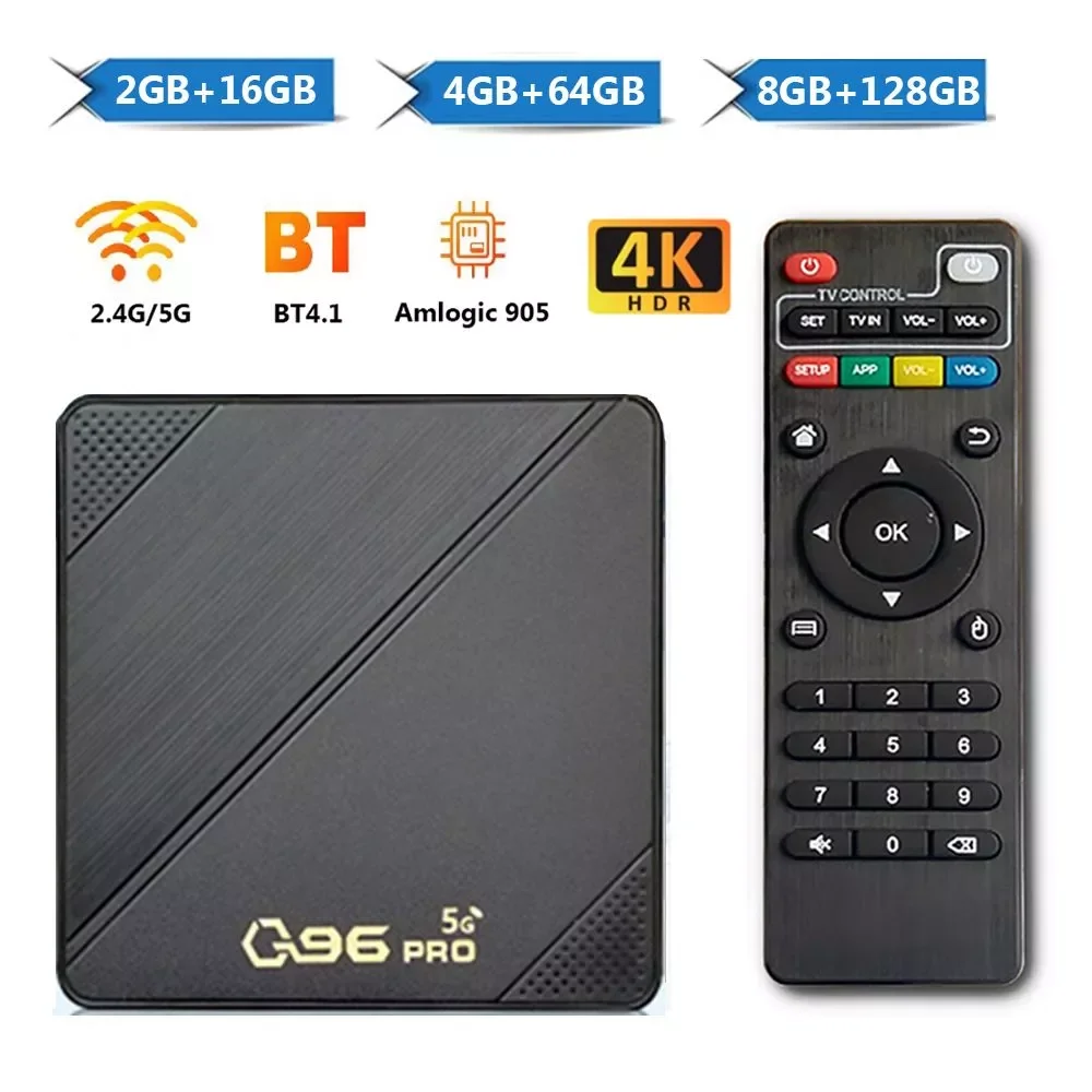

New Q96 PRO 8GB+128GB Smart Amlogic S905L 24G/5G Dual WIFI 4K H265 Media Player Quad Core Android 100 TV Box Set Top Box