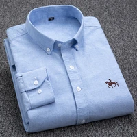 new mens long sleeve oxford shirt 100 cotton horse embroidery casual no pocket solid yellow plus size 5xl6xl