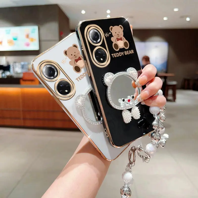 Honor50 Bow Bear Mirror Pearl Strap Phone Case On For Huawei Honor 50 10 20 30 30S 60 70 80 90 100 SE Lite GT Stand Cover