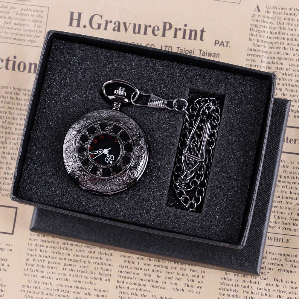 New Vintage Quartz Charm Black Roman Number Steampunk Pocket Watch Collana Pendente Con Confezione Regalo Per Uomo Donna