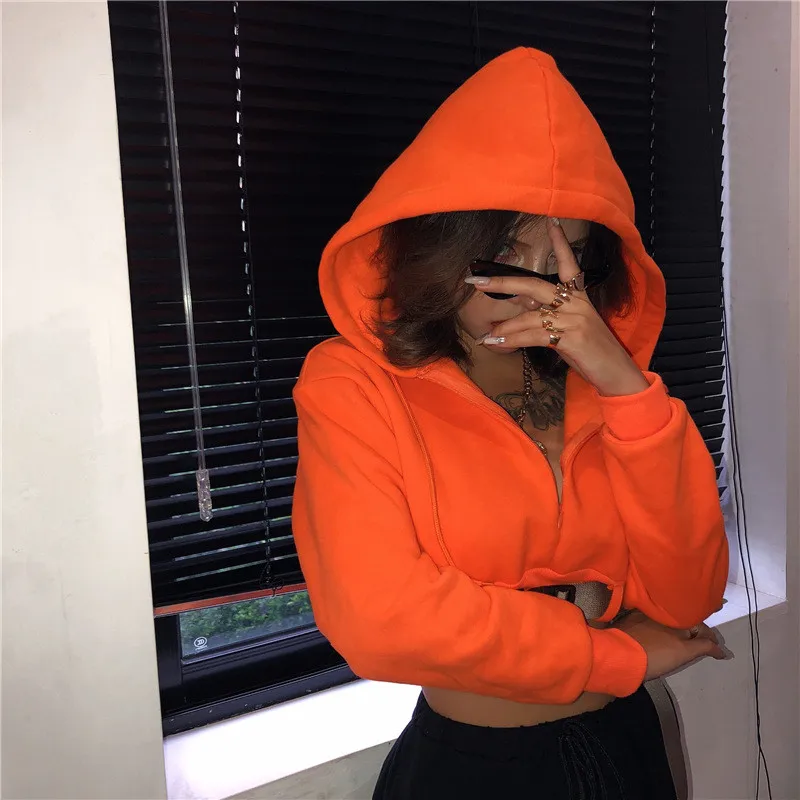 

2021 Winter Streetwear Long Sleeve Y2k Top Hooded Orange Hoodies Women Fashion Buckle Cropped Pullovers Tops Neon Thick Hoodies