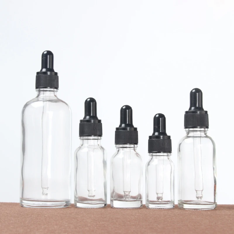 

5ml-100ml Clear Glass Bottle Dropper White Lids Empty Round Essential oil Cosmetic Liquid Pipette Perfume Refillable Bottles Lot