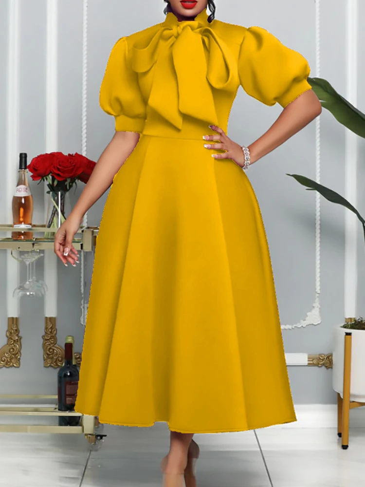 Large size women's summer new bow celebrity solid color banquet dress skirt short sleeve plus size dresses