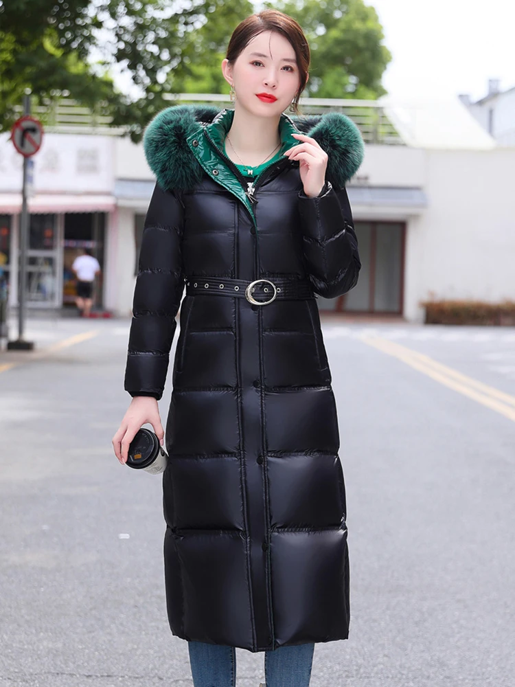 New Women Down Coat Winter Fashion Hooded Real Fox Fur Collar Belt Slim Long Down Jacket Thicken Warm White Duck Down Overcoat