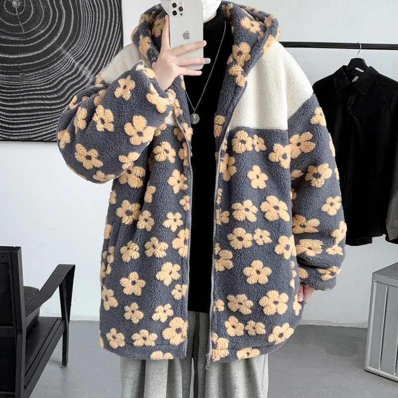 Winter Flower Lamb Hair Jacket Men Warm Fashion Thicken Plush Short Coat Mens Streetwear Loose Thick Cotton Clothes Male S-3XL