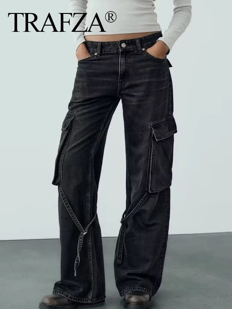 

Женские длинные брюки с карманами TRAFZA, элегантные шикарные уличные джинсовые брюки со средней талией, свободные винтажные прямые джинсы с широкими штанинами