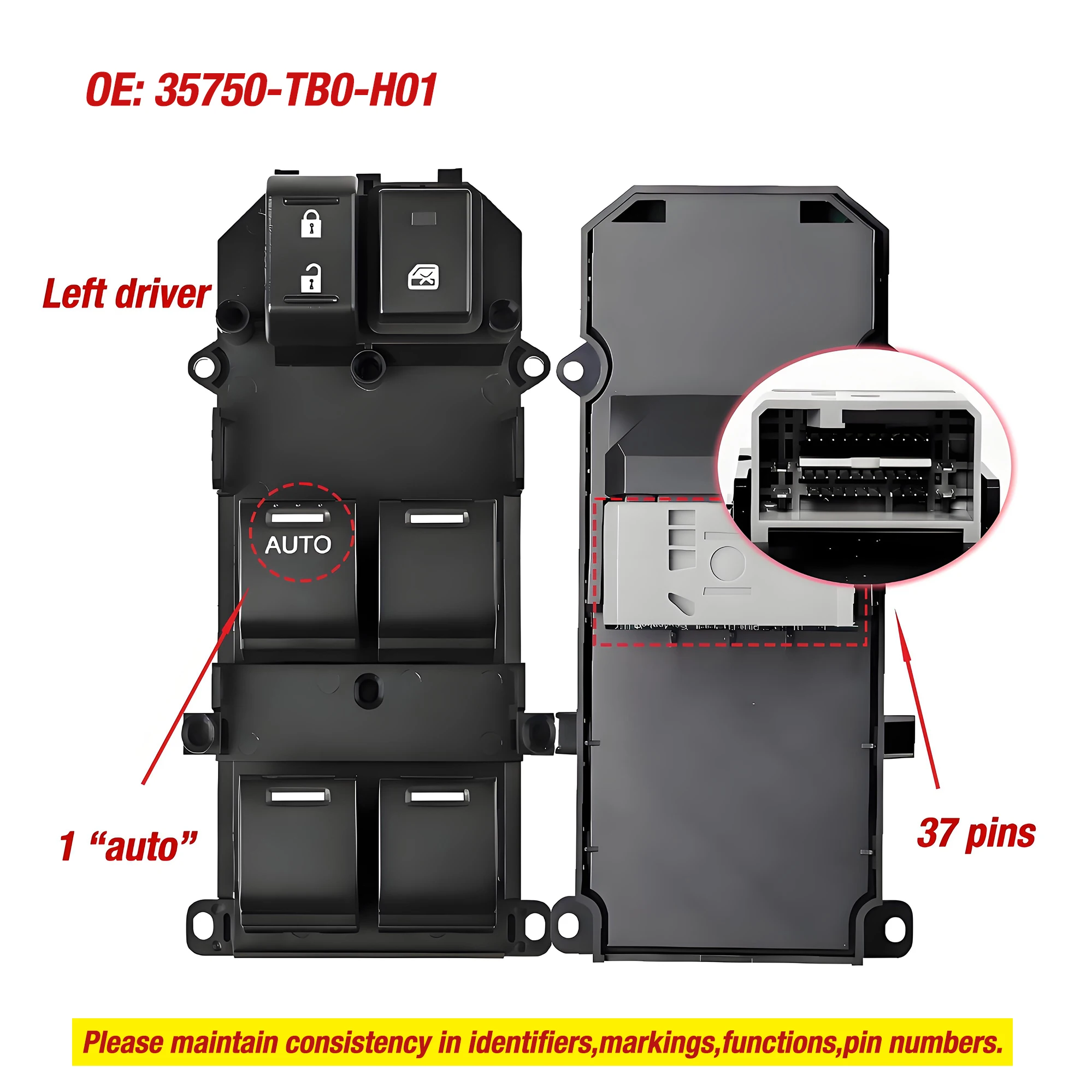 

35750-TB0-H01 37 контактов для Honda Accord 2008 2009 2010 2011 2012, главный переключатель управления стеклоподъемником со стороны водителя