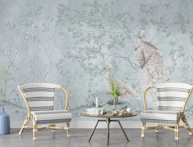 

Chinoiserie Blue Flowers and Birds Bathroom Wallpaper, Peacock Wall Mural, Classic Art Chinoiserie Self Adhesive, Peel And Stick
