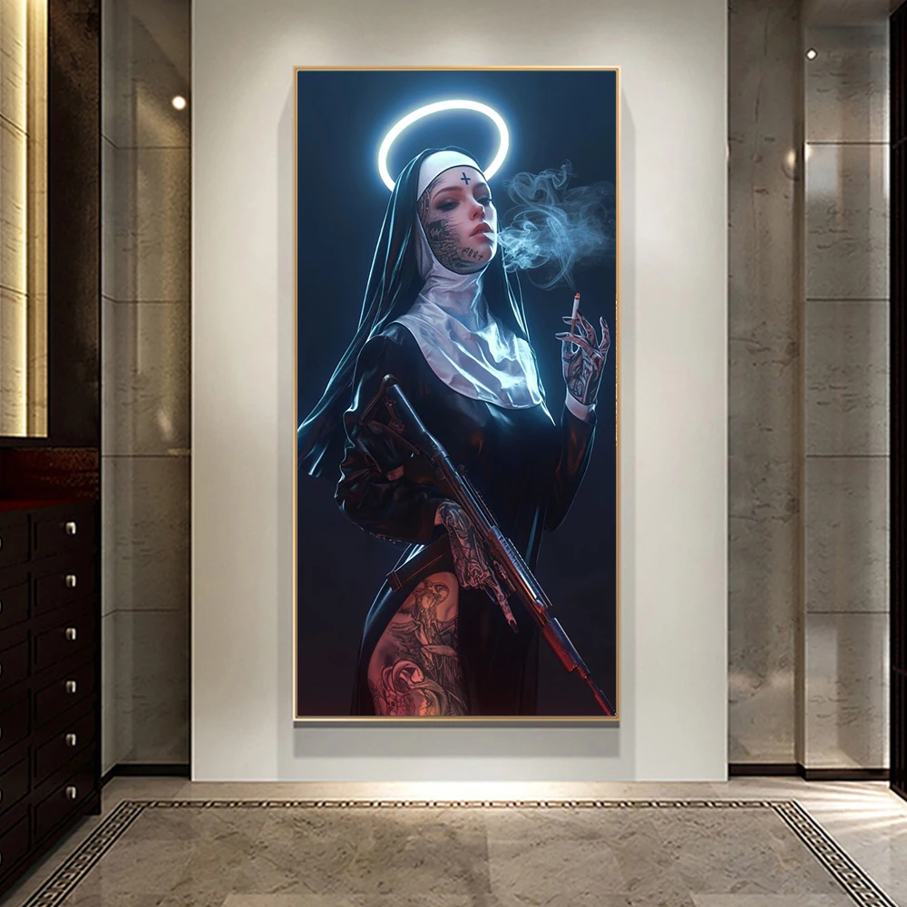 Пикантная тату-машинка монахиня плакат печать христианская курительная холст