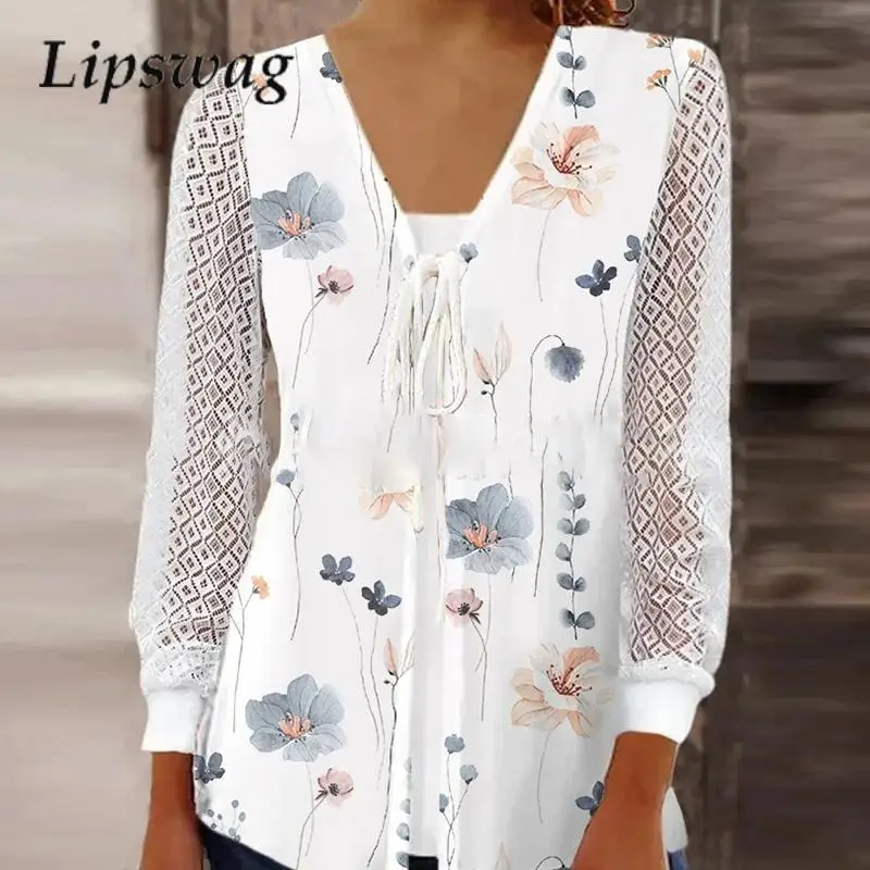 

Women Fashion Pattern Print Embroidery Lace Blouse Shirts Sexy V-Neck Lace Up Coart Tops Lady Summer Vintage Long Sleeve Blusa
