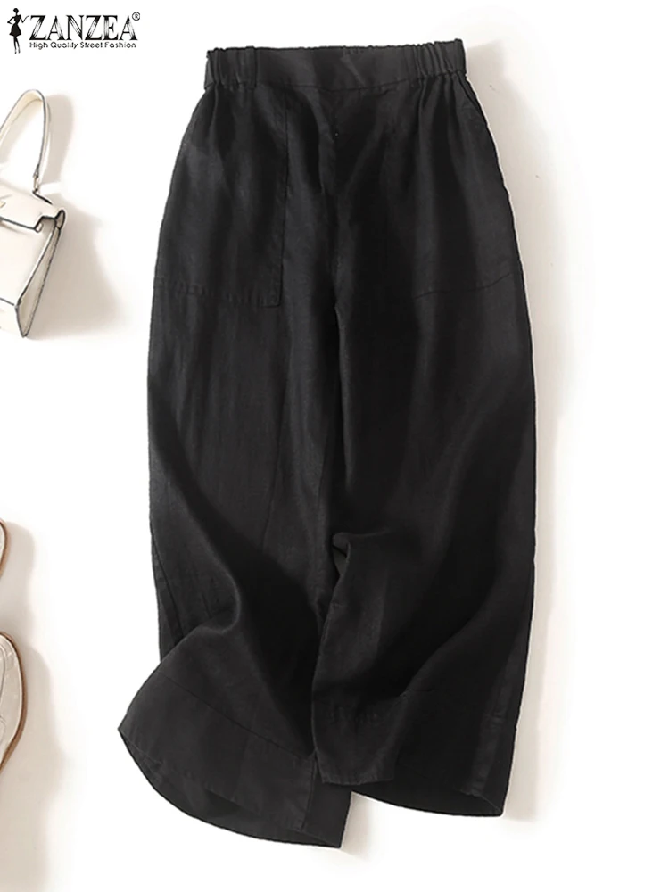 

ZANZEA Women Cotton Trousers Female Loose Long Pants Bottoms Vintage Pants 2023 Elastic Waist Trousers Casual Solid Oversized
