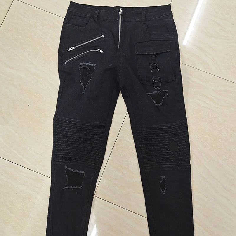 Streetwear Mens Straight Jeans Men Side Straps and Zips Biker Casual Slim Fit Black Goth Trousers Men Punk Skinny Denim Pants