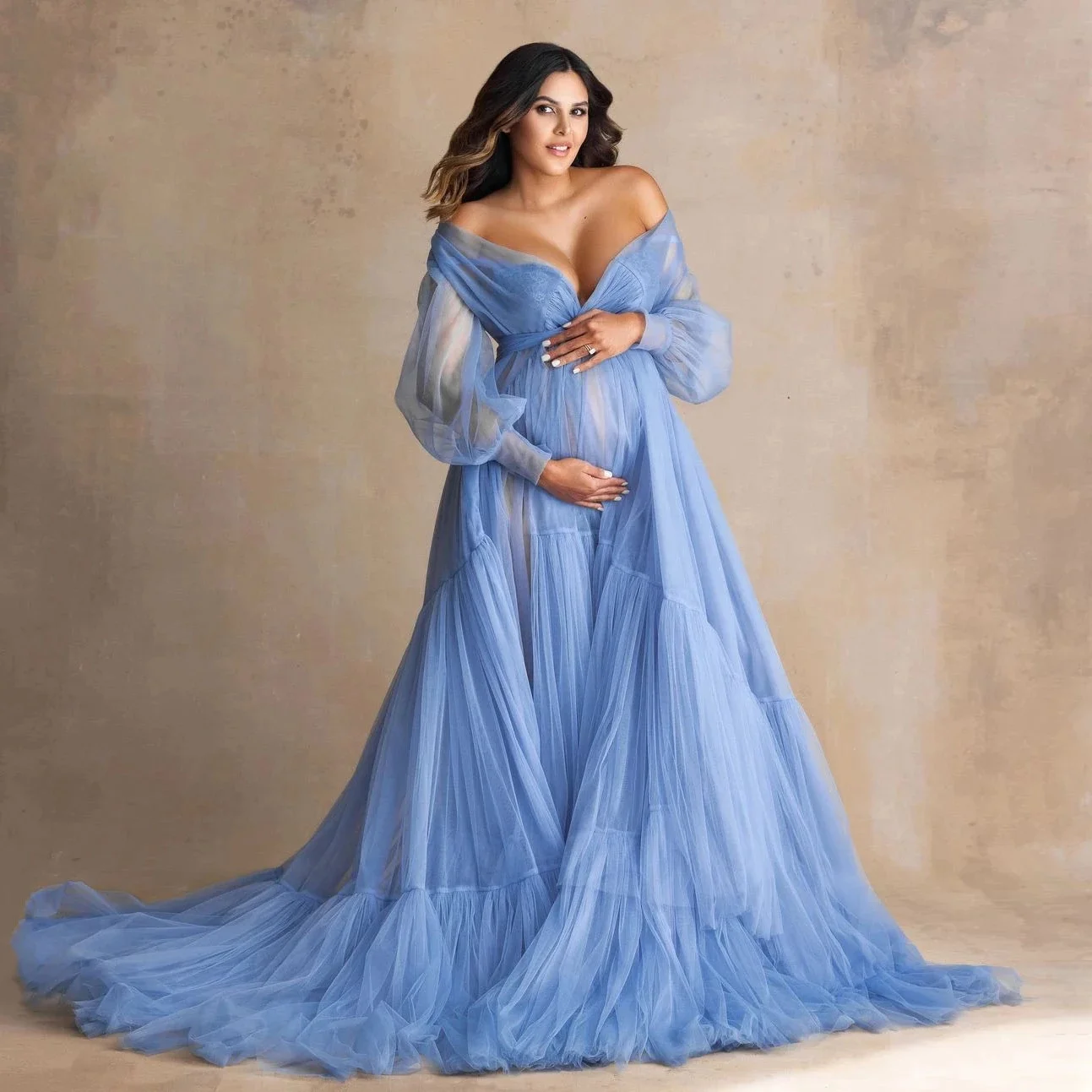 

Charming Ruffle Tulle Maternity Dress Photoshoot Off the Shoulder Blue Bridal Robes Custom Made Babyshower Grown for Photography