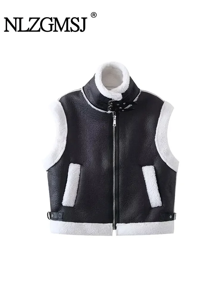

Nlzgmsj TRAF 2023 зимняя женская теплая утепленная безрукавка из овечьей шерсти, свободная куртка без рукавов, женский короткий топ, жилет