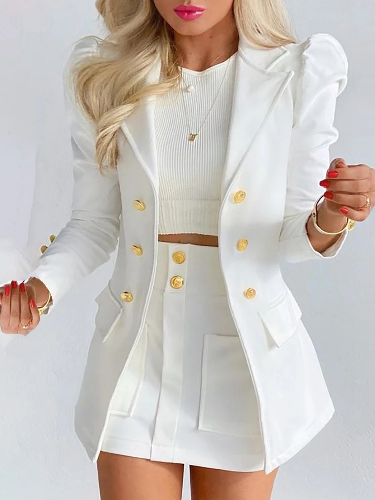 

Elegante White Suit Women Blazer Set Pull Long Sleeve Blazers A-line Mini Skirt Two 2 Piece Set Suit Outfits Conjunto Femenino