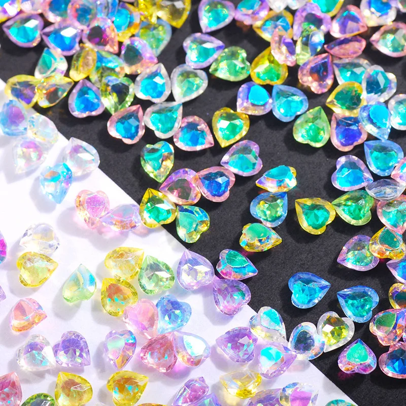 

100pcs/bag Aurora Colorful Nail Art Heart-shaped Super Glitter Pointed Bottom Rhinestones Kawaii Creative Nail Charms Accesoires