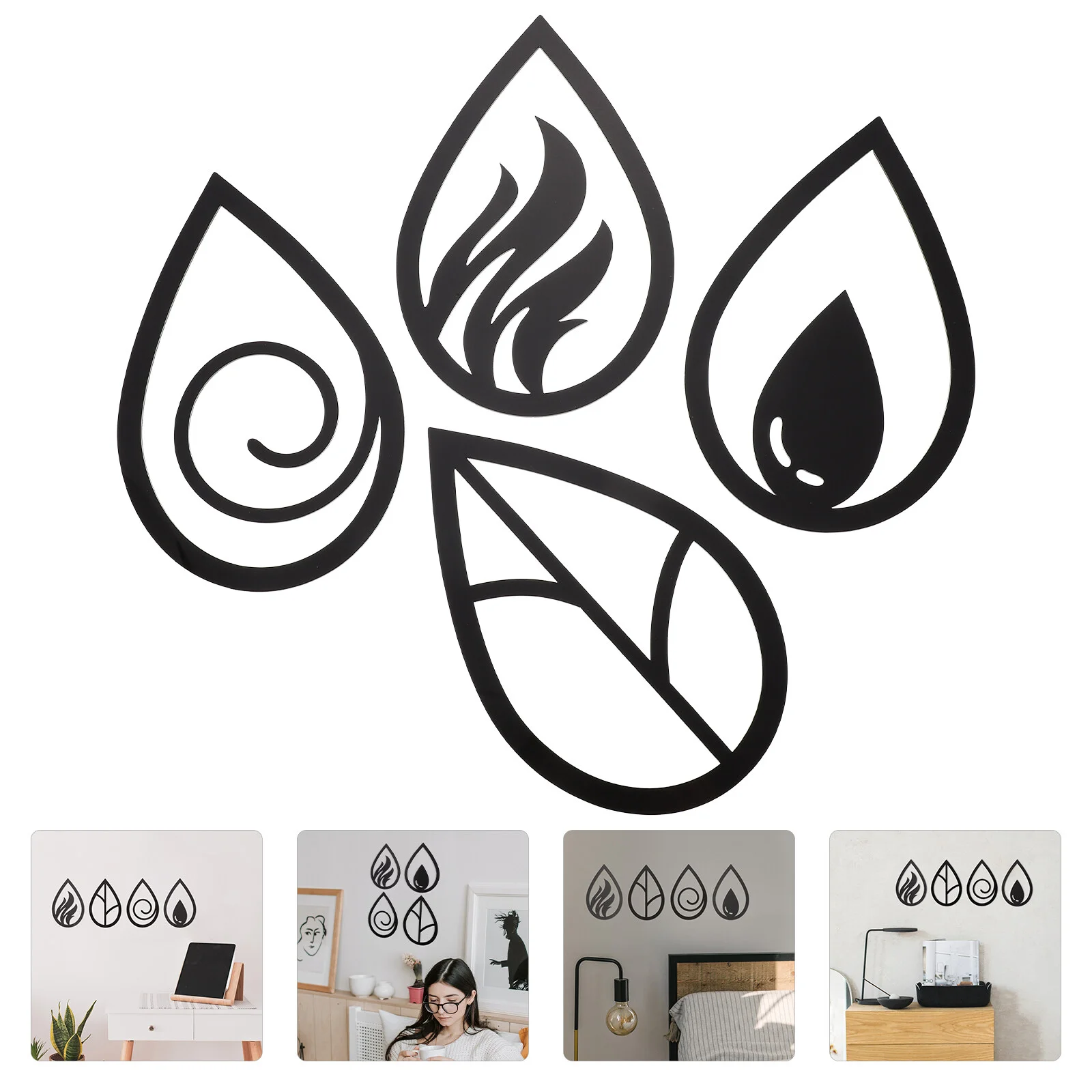 

4 Pcs Four Elements Wall Sticker Waterproof Home Ornament Adhesive Acrylic Decal Mural Living Room Bedroom Exquisite