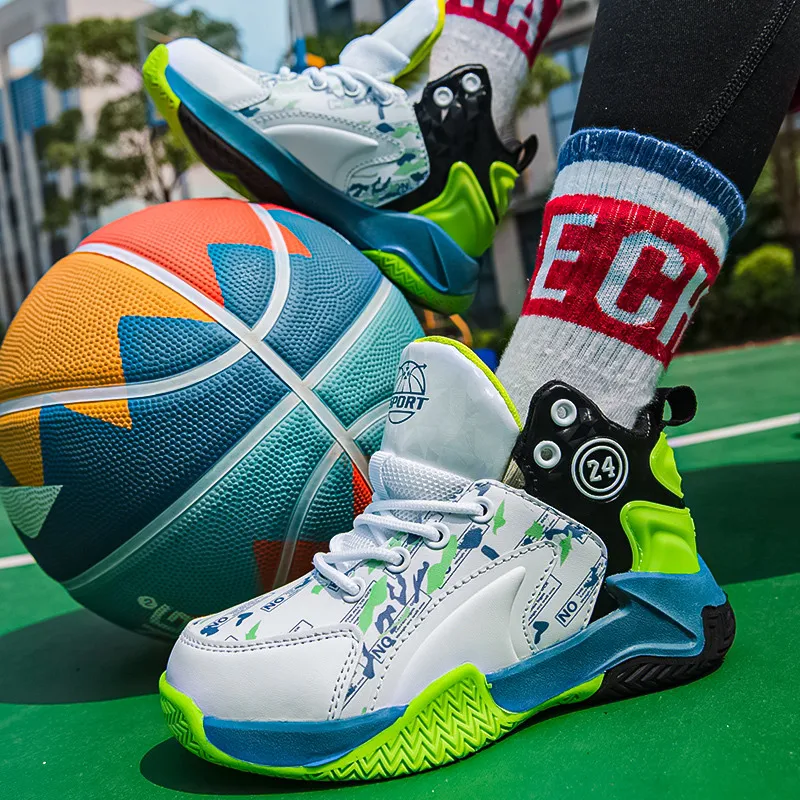 Hot Sale Leather High-top Kids Basketball Shoes Non-slip Breathable Children's Athletic Soprts Shoes Anti-Shock Sneakers For Kid