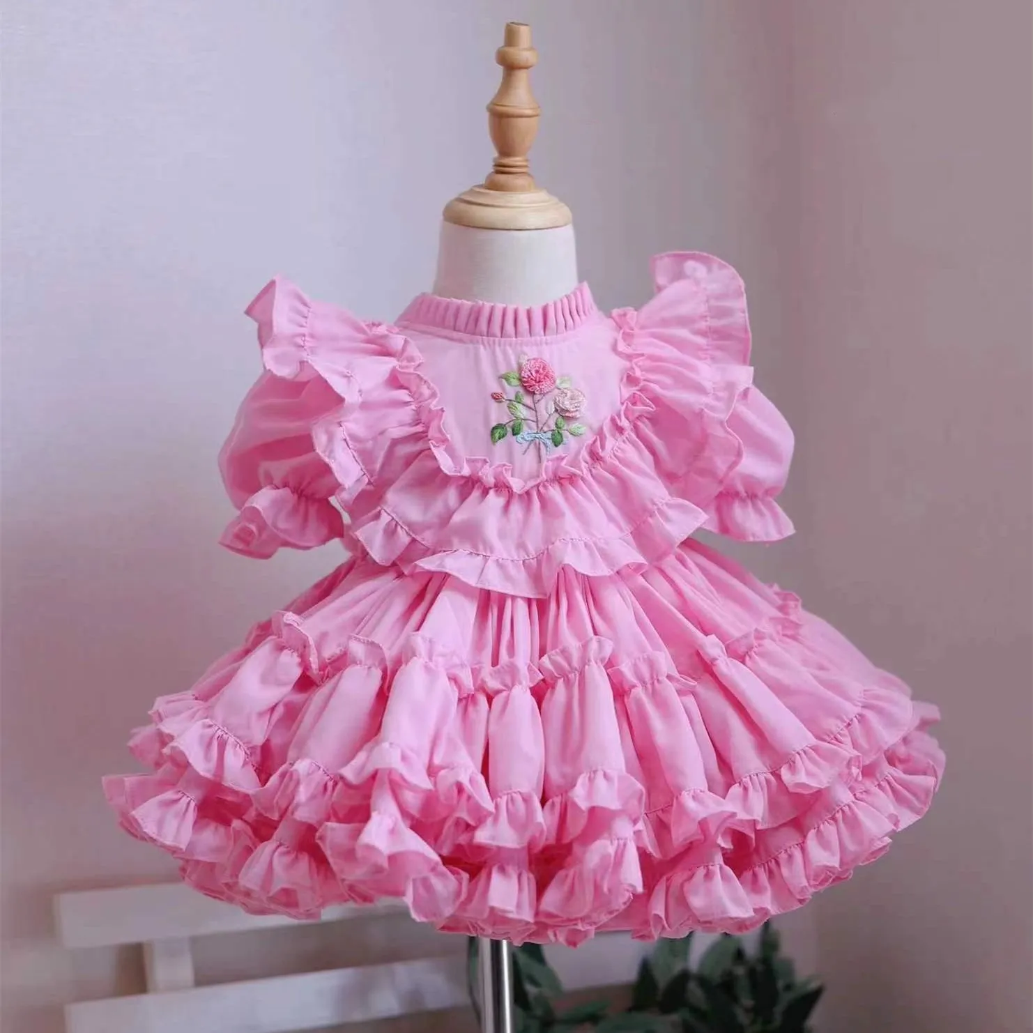 

0-8Y Baby Girl Summer Vintage Lolita Pink Handmade Flower Embroidery Princess Ball Gown Dress for Birthday Eid Holiday Party