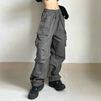 Women Cargo Pants High Waist Vintage Grey Loose Streetwear Baggy Jeans Retro Sporty Pockets Wide Leg Y2K Denim Trousers Overalls 1