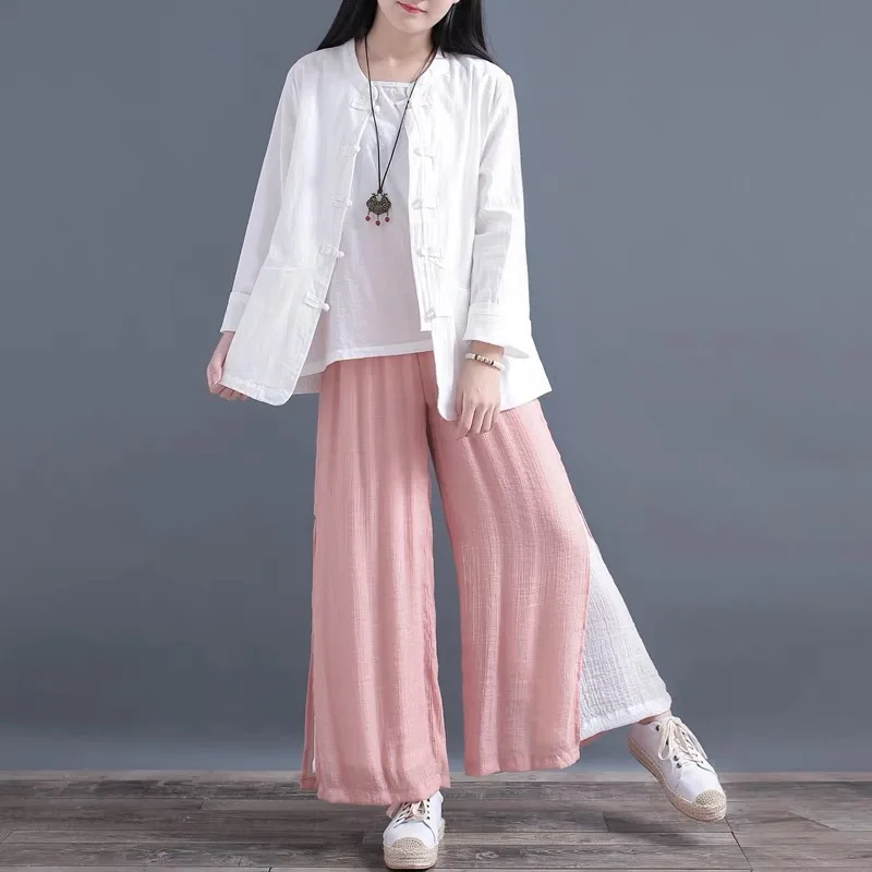 Хлопково-льняной кардиган в китайском стиле пальто на пуговицах топ с длинными