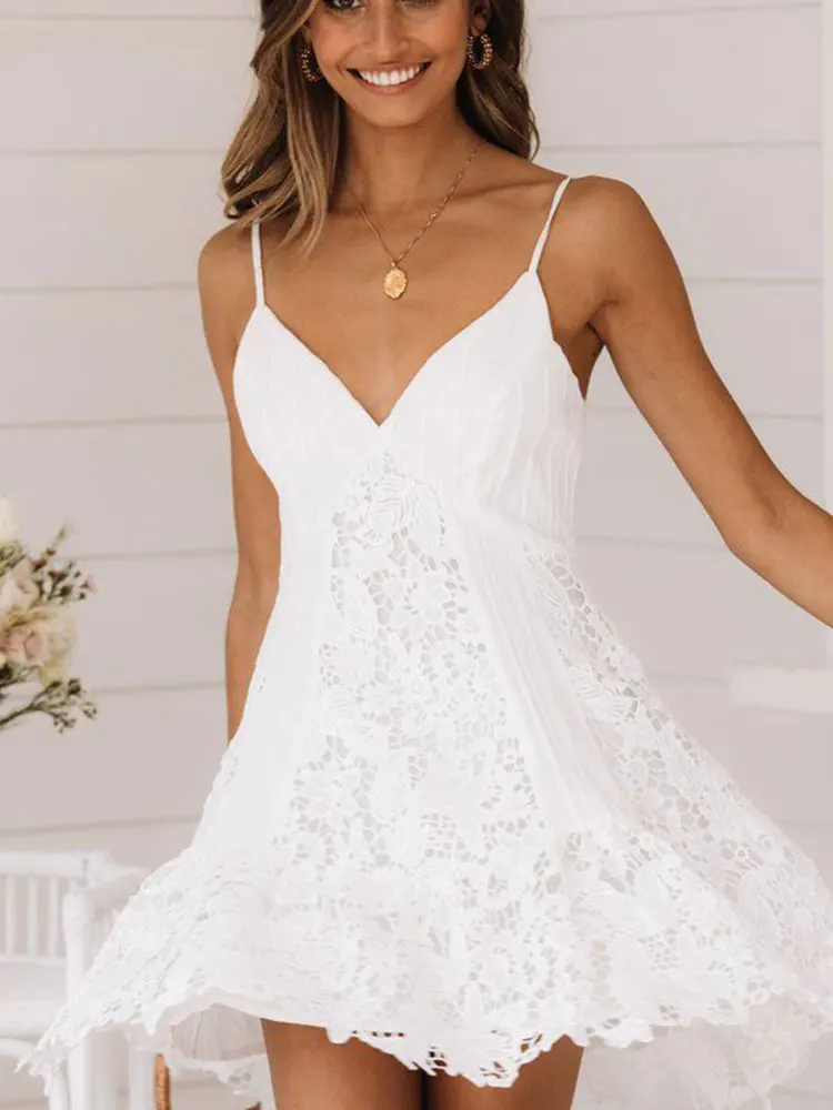 

Sexy Female Dress Flower Hollow Out V Neck Women's Summer Mini Dress Off Shoulder Sundress Suspenders Woman Party Robe Vestidos