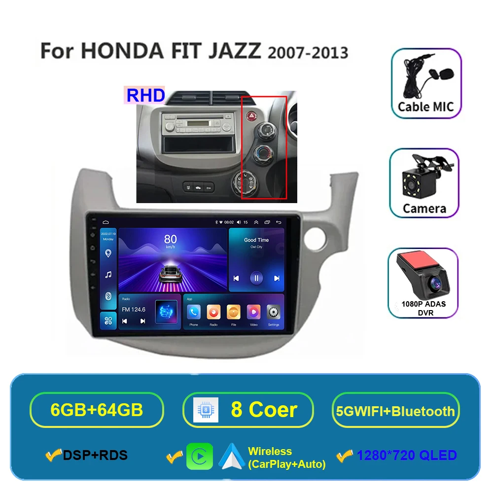 

Android 16 для HONDA FIT JAZZ 2007-2014 Автомобильный радиоприемник Carplay Мультимедийный видеоплеер Зеркальное соединение Разделенный экран Головное устройство GPS