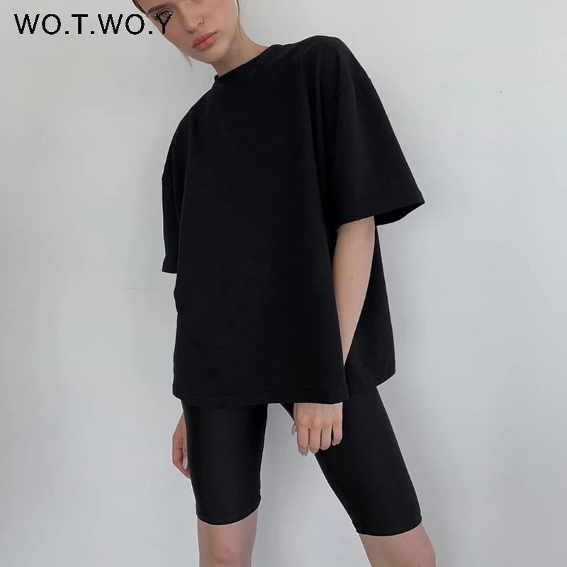 

WOTWOY Summer Loose Solid T-shirt Women Casual Cotton Oversized Tee Shirt Femme Short Sleeve Black White T Shirts Harajuku 2022