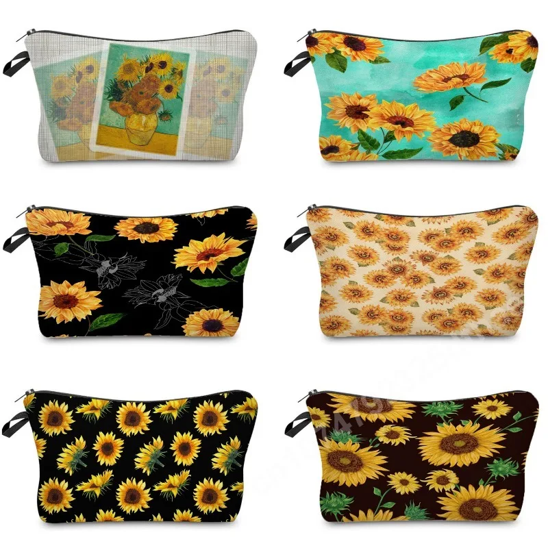 

Sunflower Print Women's Makeup Bag Portable Toiletry Pouch with Zipper Canvas Storage Purse Female Cosmetic Organizer Tools Bags