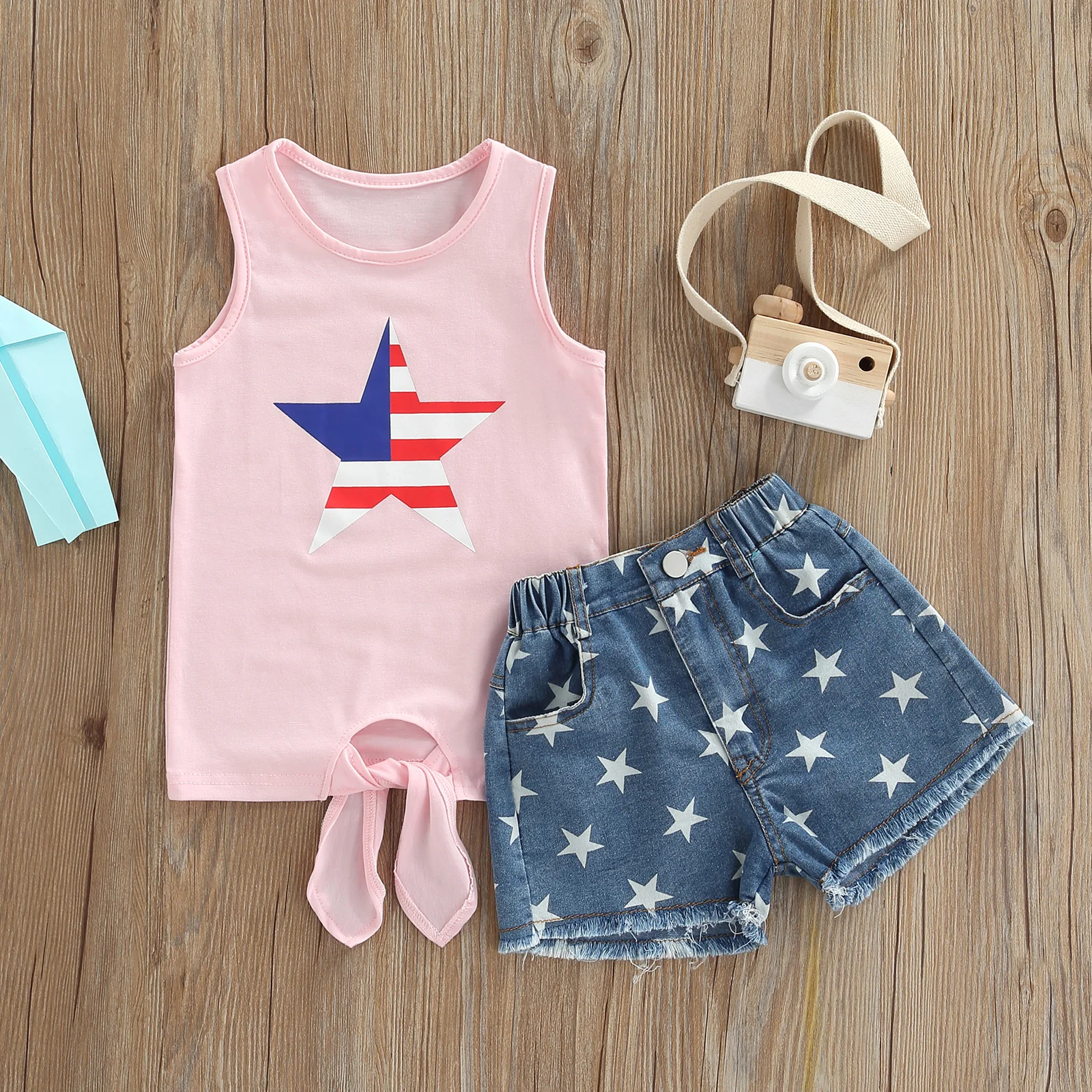

Летний детский комплект одежды для девочек День Независимости топы без рукавов с принтом звезд джинсовые шорты комплект одежды