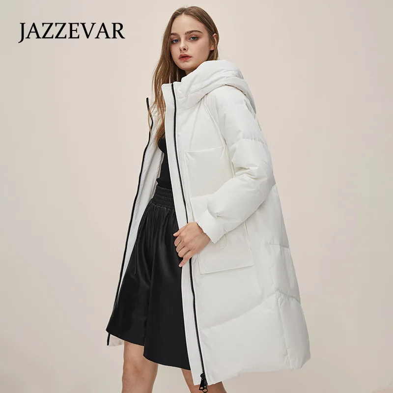 JAZZEVAR 2022 New Hooded Thin Windproof White Duck Down Women Down Jacket Long Casual Comfortable Warm Coat