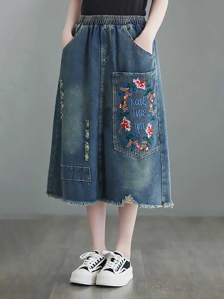 

6594 Women's Denim Skirt Elastic Waist A-line Big Floral Embroidery Hole Patchwork Vintage Loose Casual Blue Ankle Length Skirts