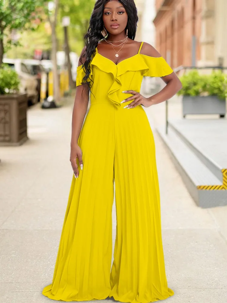

African Women Long Wide Legs Jumpsuits Dashiki Short Sleeve Christmas Yellow Party Wear Celebrate Pleated Rompers Overalls