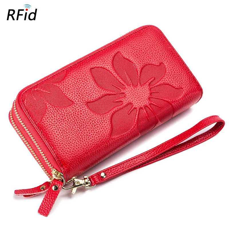 

women wristlet genuine leather wallet anti theft rfid wallet female flower phone wallet credit card holder wallet ladies purse