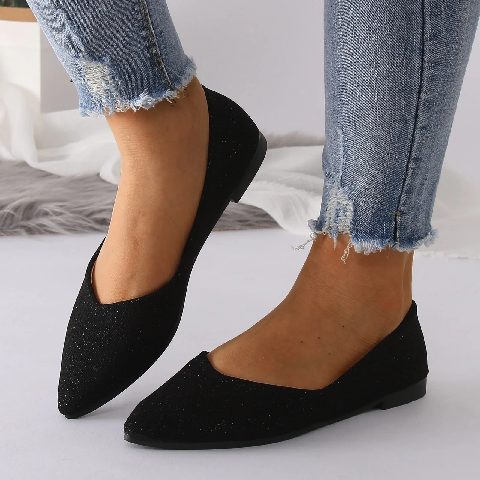 

Flat Shoes Fashion Leisure Women's Flat Shoes Pointed Knitting Elastic Comfortable Boutique Shoes Spring and Autumn Daily Shoes