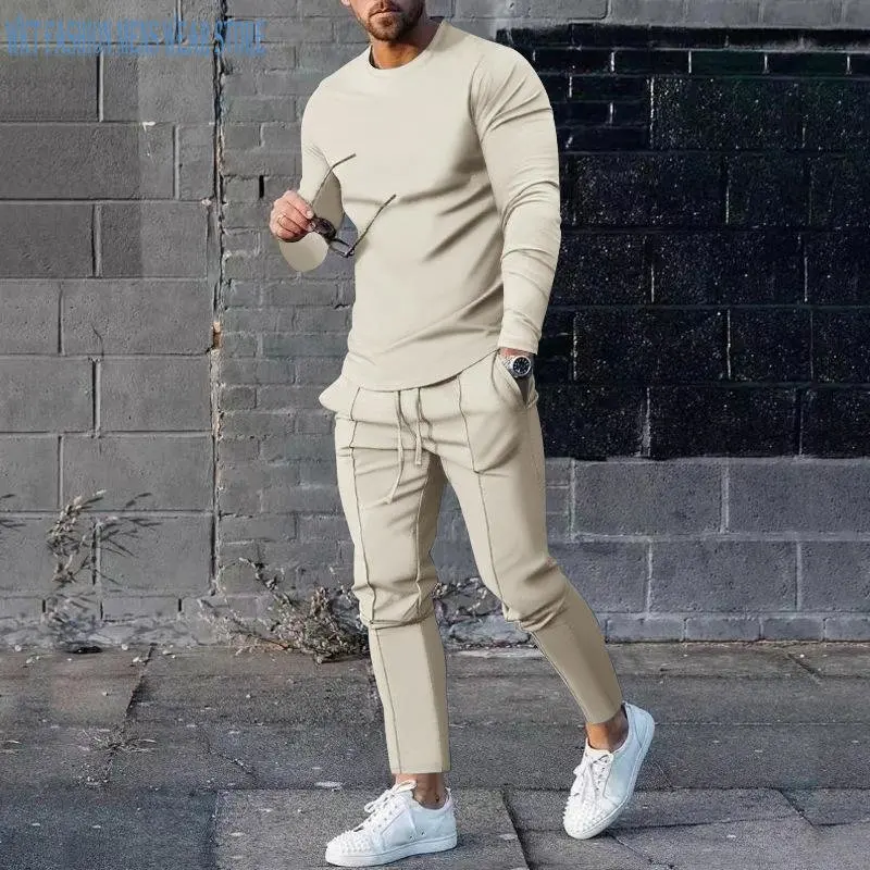 Men's Suits 2022 Spring and Autumn Daily Solid Two-Piece Round Neck Long Sleeve T-shirt Trousers Casual Men Clothing Polyester