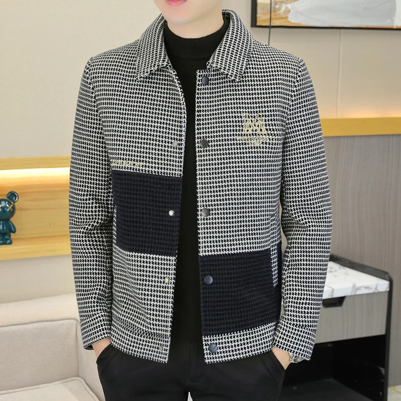 Korean Fashion Splicing Wool Blends Jacket Winter Thicken Warm Casual Business Short Trench Coat Social Streetwear Overcoat