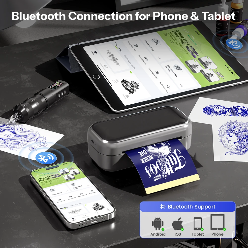 Фото Портативный беспроводной Bluetooth-принтер для татуировки TP31, 80 мм, термопринтер для художников, работает с телефоном и планшетом №2