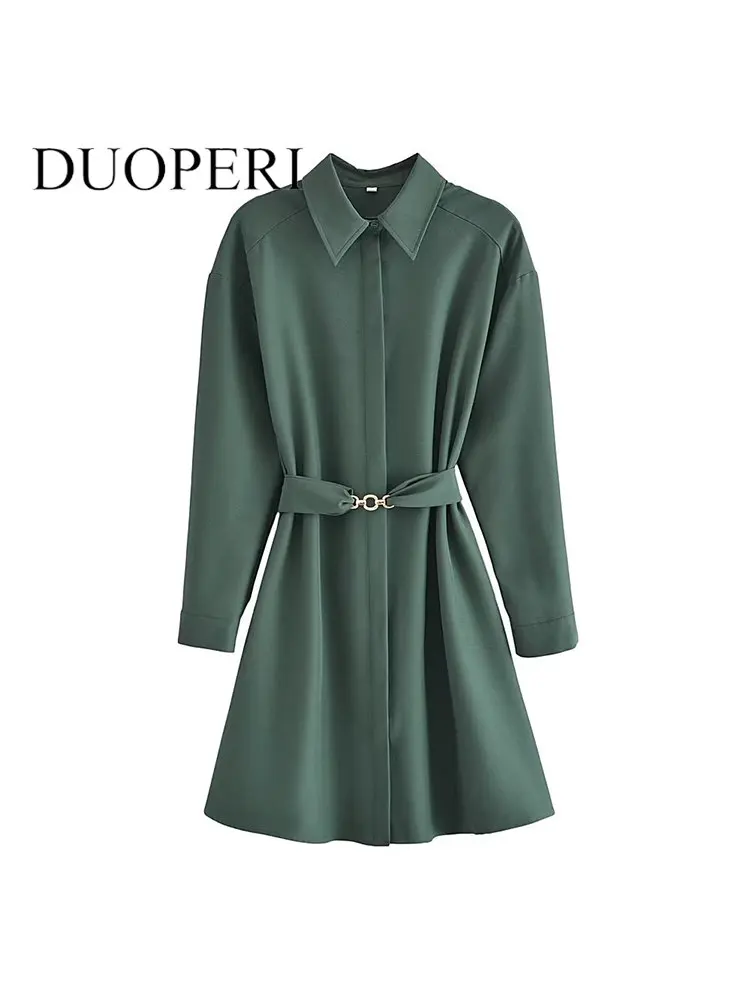 

Платье-рубашка DUOPERI женское однотонное с поясом, модное винтажное шикарное однобортное мини-платье с воротником с лацканами и длинными рука...