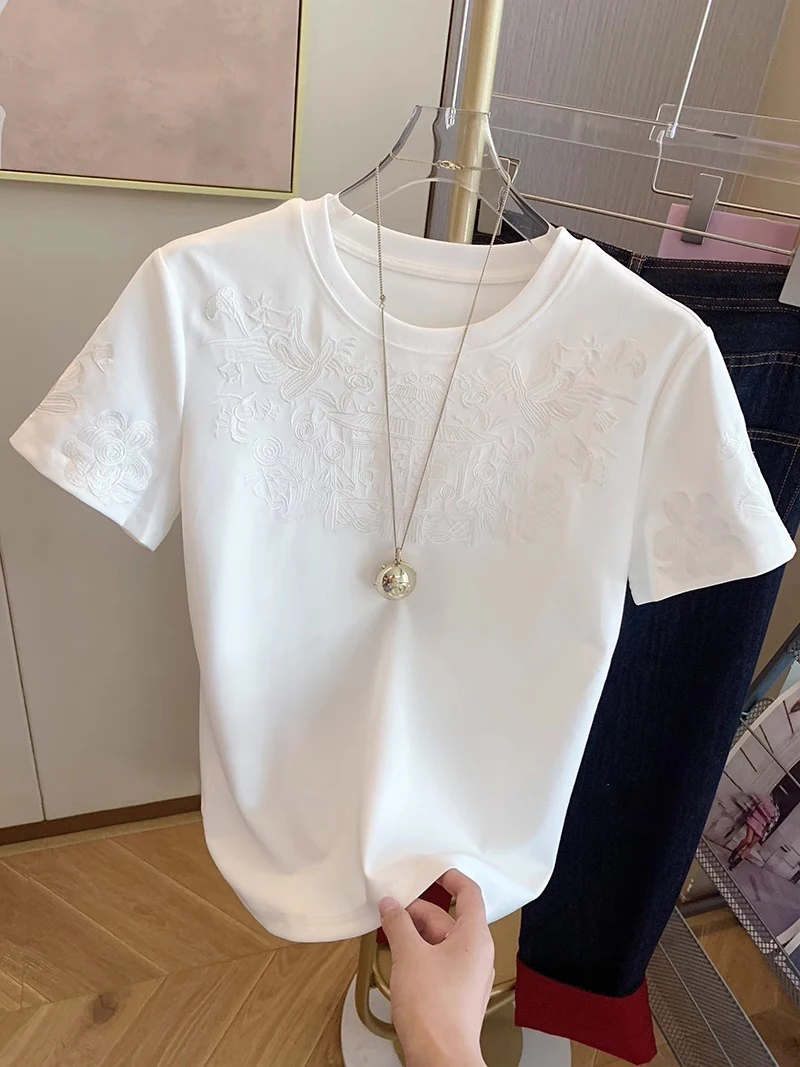 Модный дизайн однотонная футболка с короткими рукавами и вышивкой для тяжелой