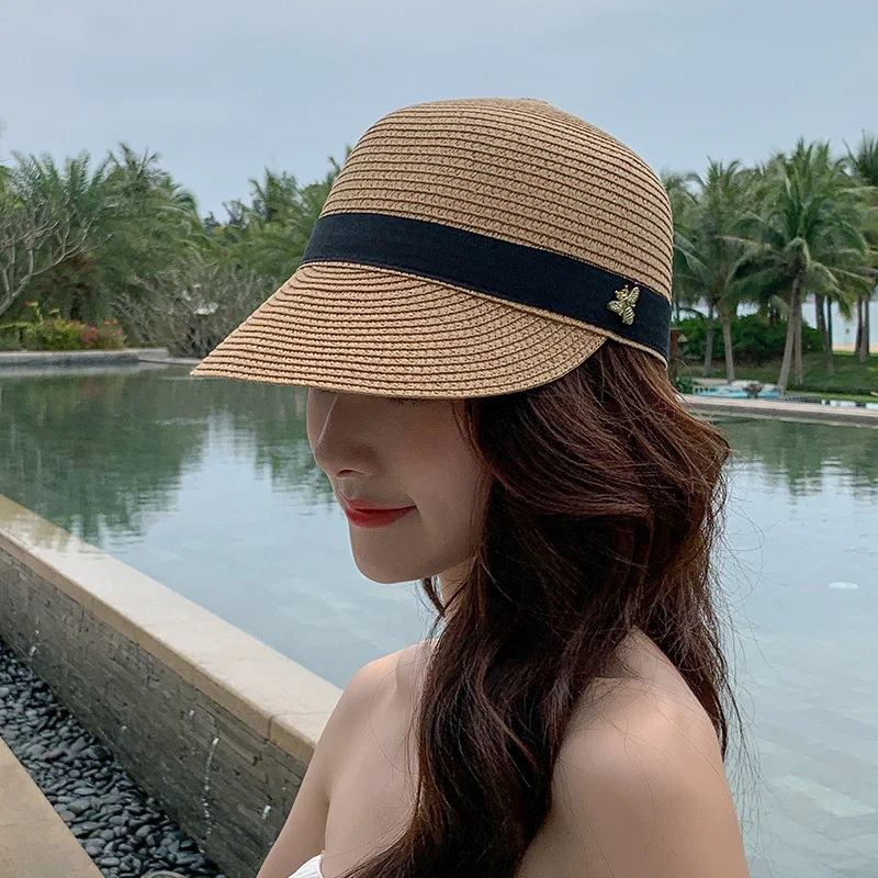 

Summer Women's Bee Straw Braided Breathable Outdoor Sunshade Peaked Cap Trend Japanese British Travel Beach Equestrian Hat