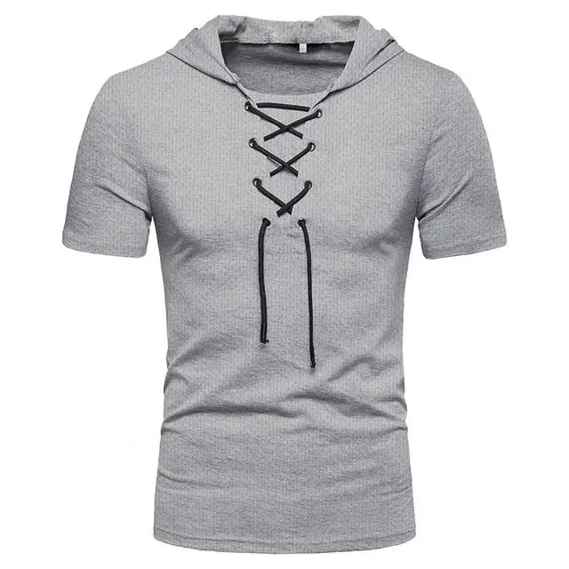 

Hooded T-shirt Men's 2022 New Short Sleeve Street Dress Solid Color Lace-up Breathable Leisure Summer Top Men's Men's Leisure To